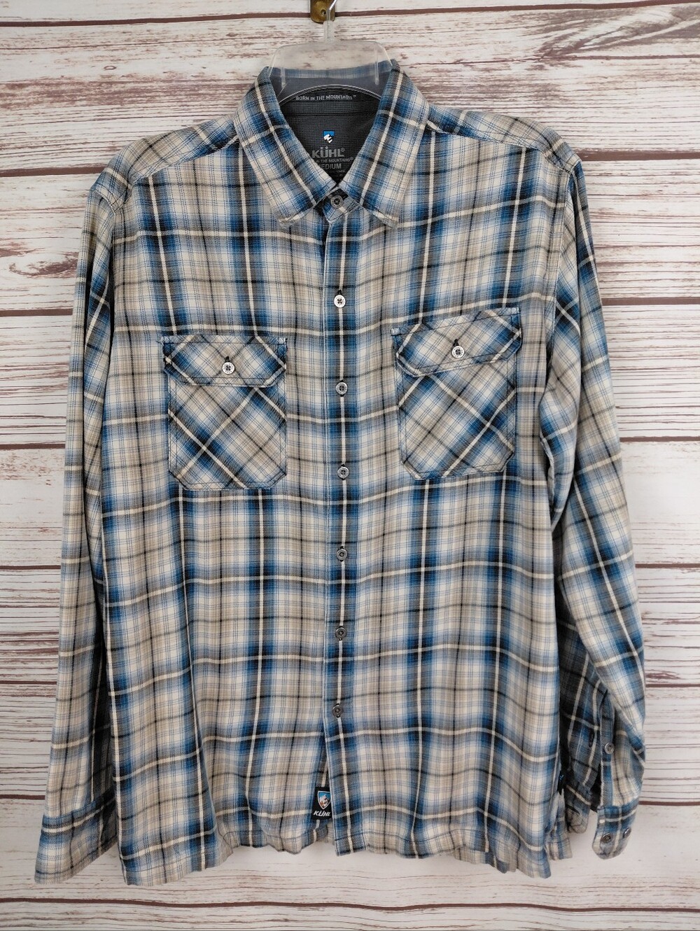 Kuhl Mens Medium Blue/White Plaid Long Sleeve Flannel Button Down Shirt